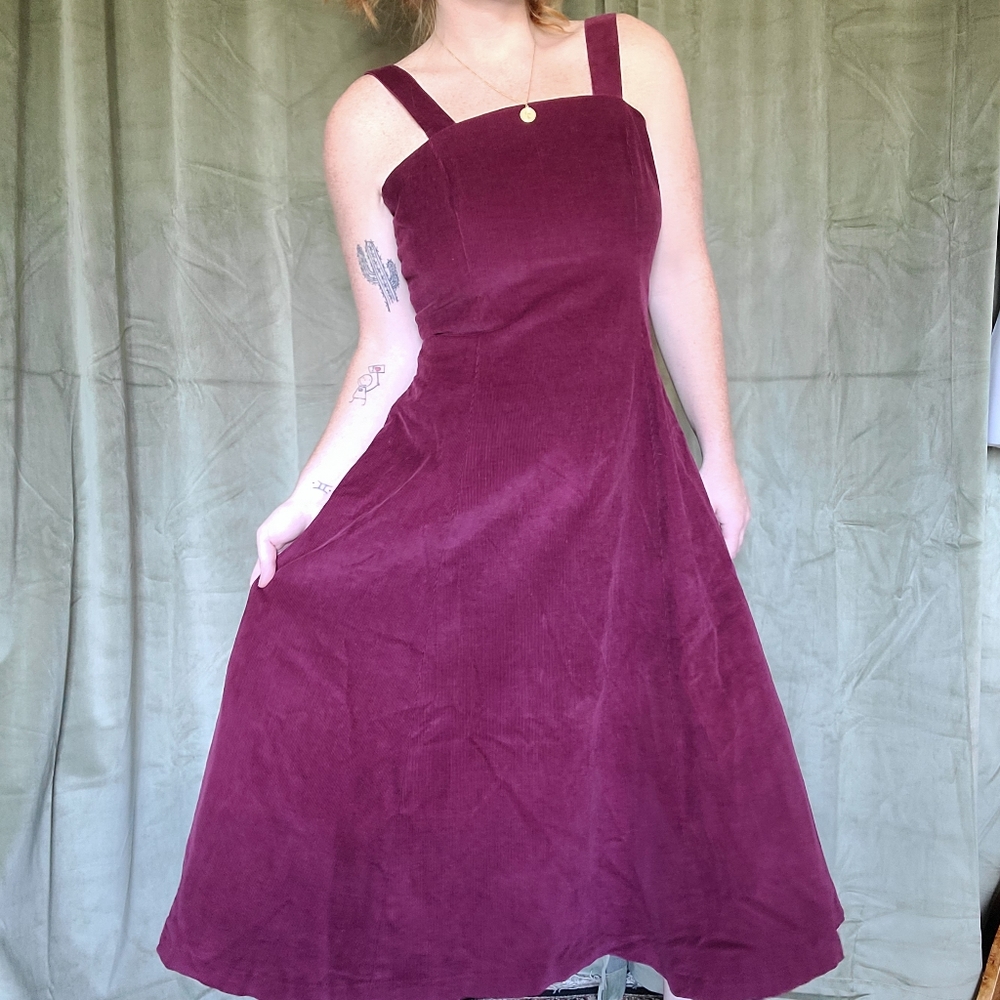 Handmade Vintage Preppy Western Preppy Formal Burgundy Courderoy HoCo Midi Dress